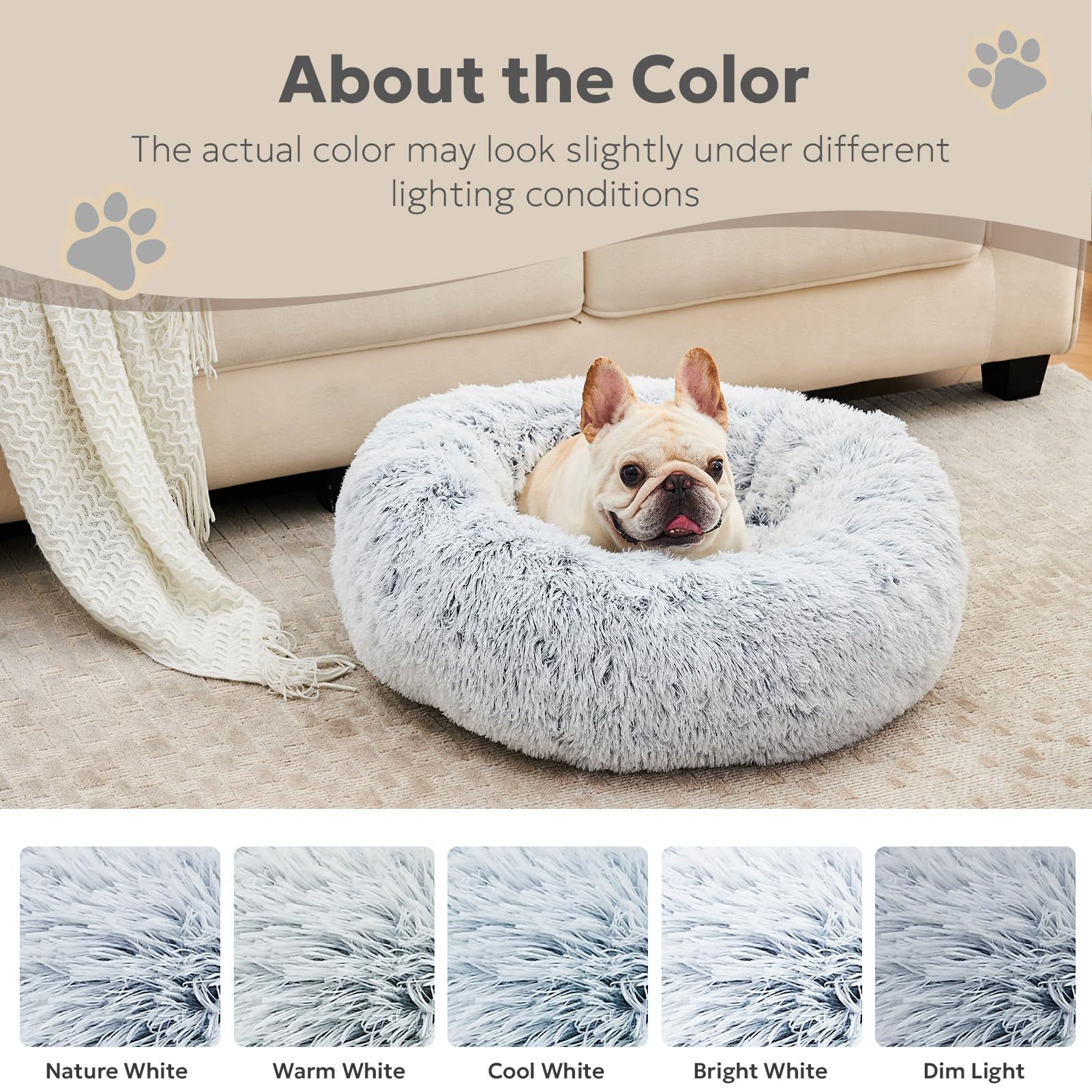 OlaPhum Calming Dog Bed for small dogs highlights size-23in option for tiny companions.