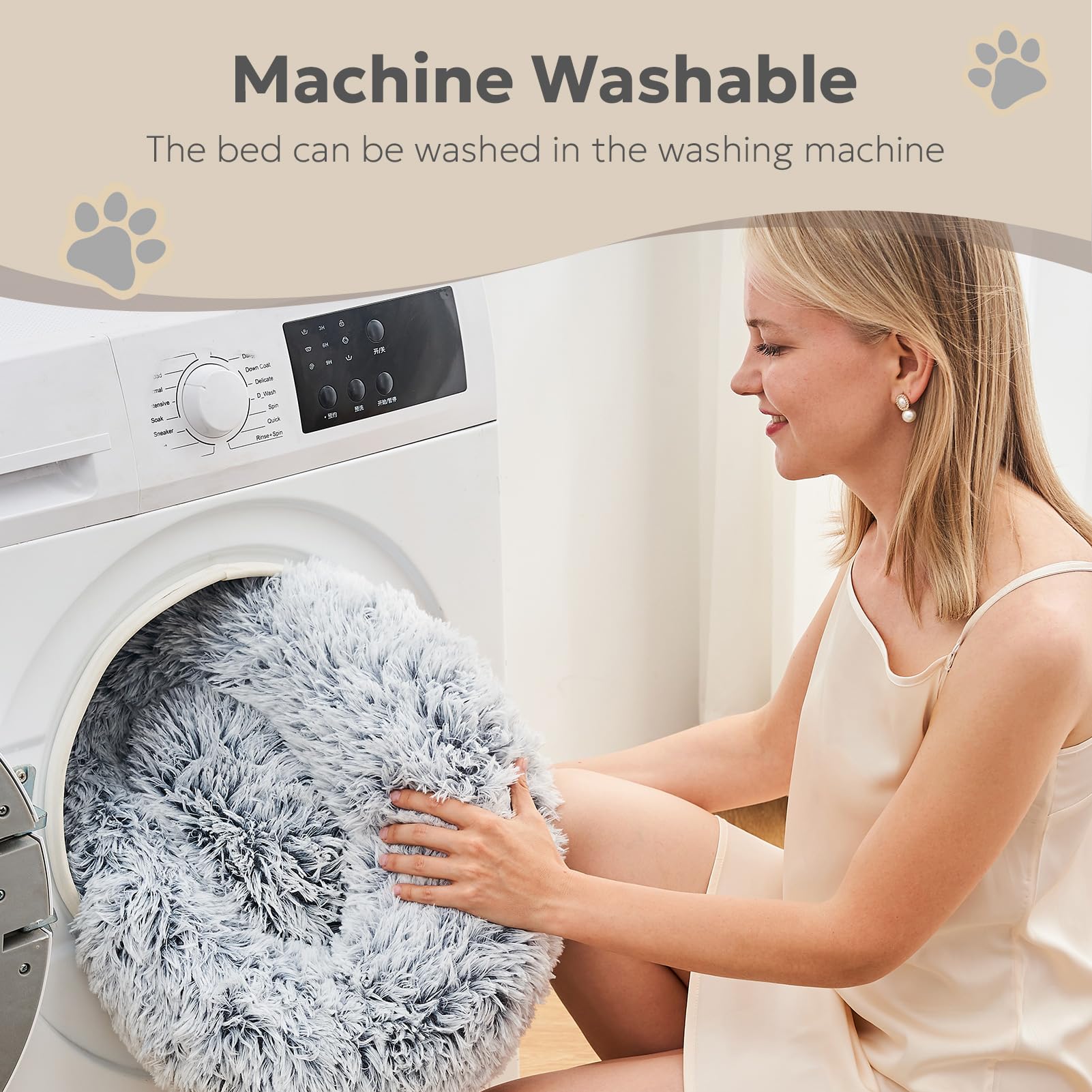 OlaPhum Calming Dog Bed light-grey fabric adds cozy aesthetics to living spaces.