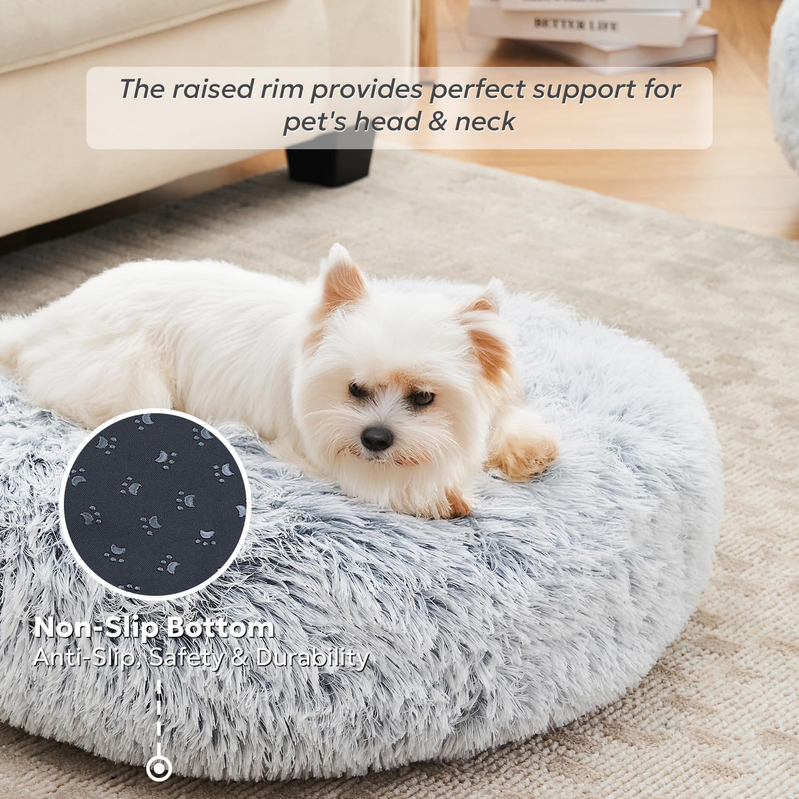 OlaPhum Calming Dog Bed soft plush fur provides silky warmth for restful sleep.