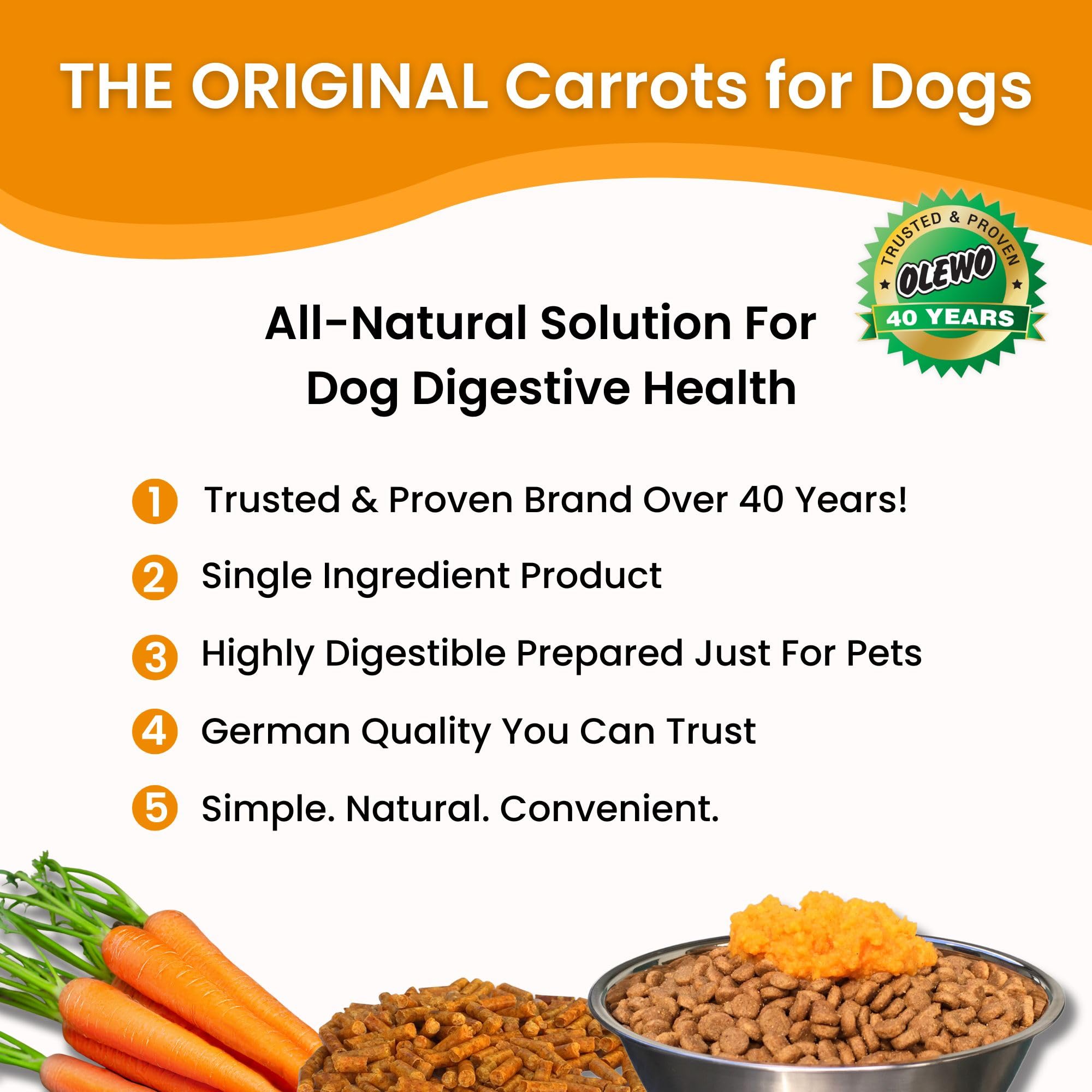 Olewo Original Carrots bottle-closeup highlights coat-health benefits for a shiny, healthy fur.