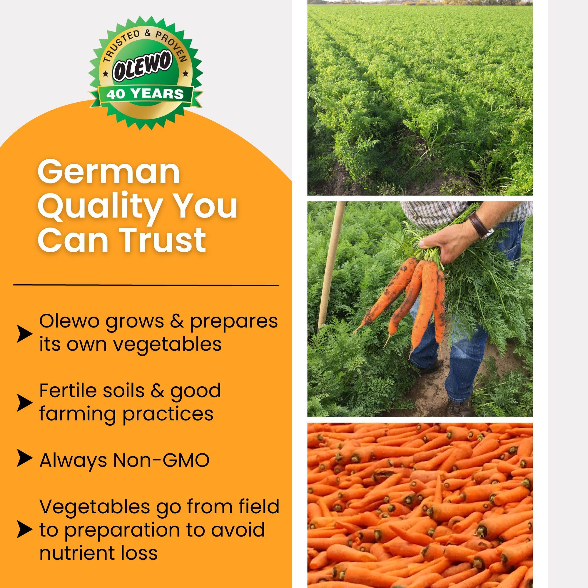 Olewo Original Carrots daily-use scoop shot shows easy daily topping for picky eaters.