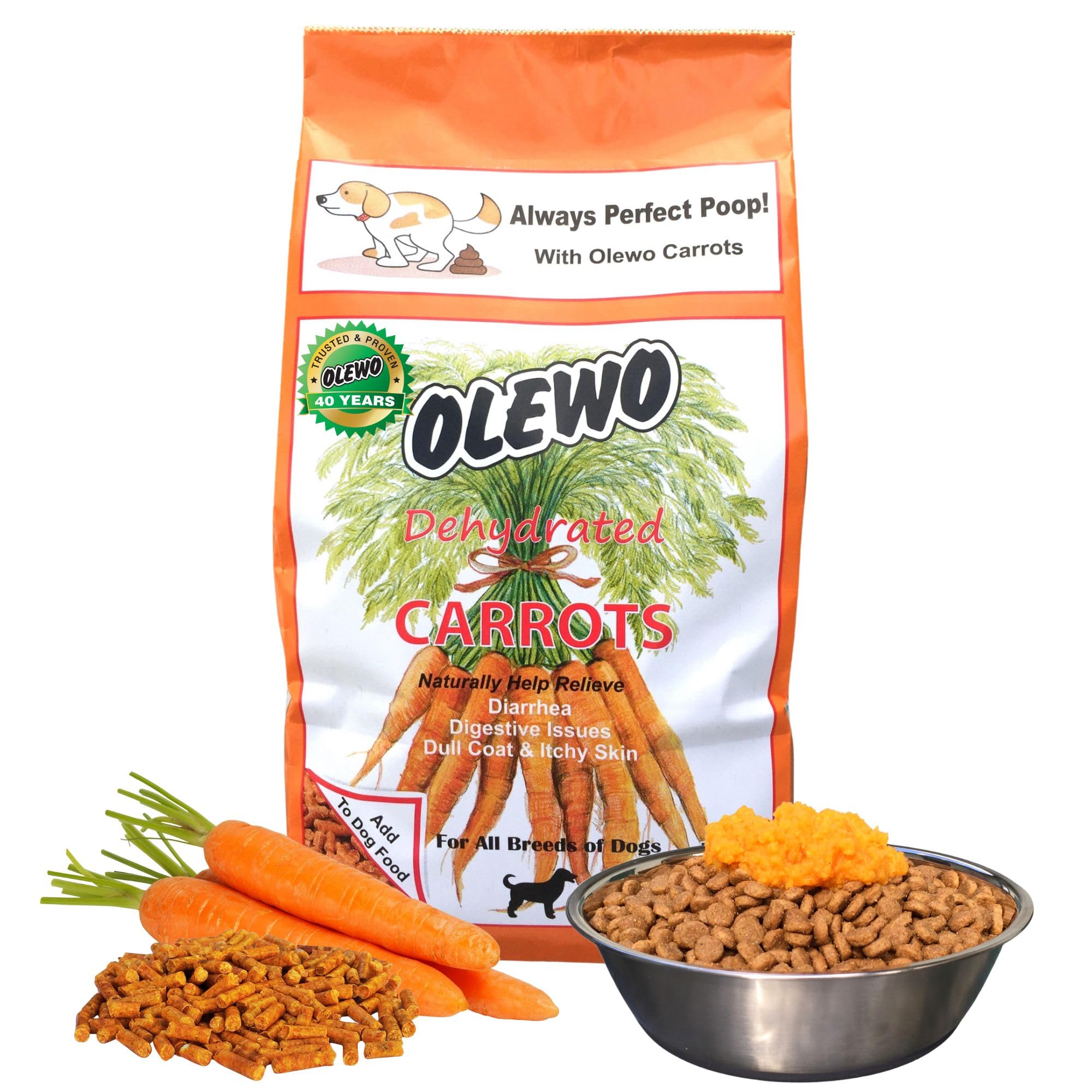 Olewo Original Carrots dog-topper demonstrates digestive-support fiber for regular stools.