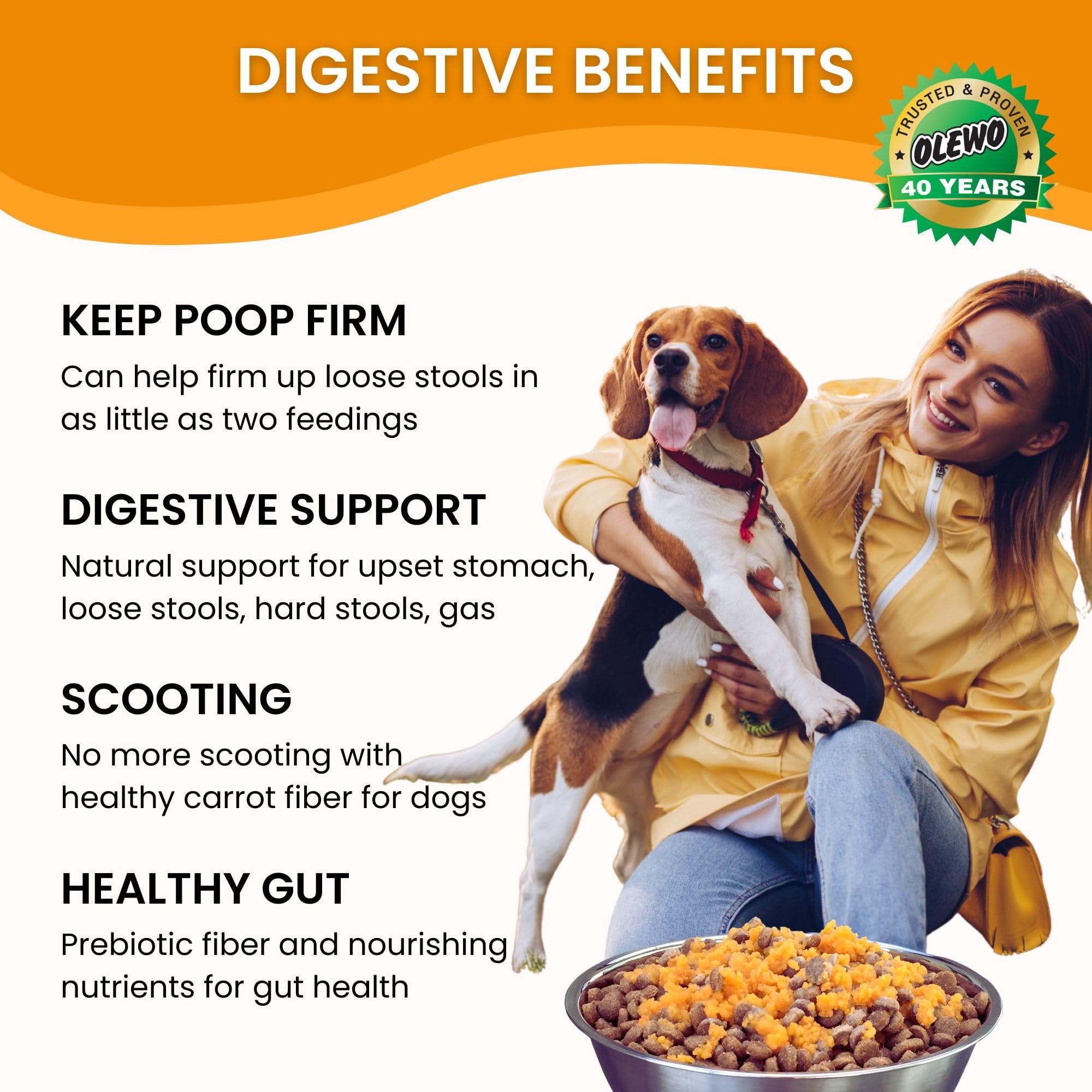 Olewo Original Carrots feeding-portion illustrates stool-firmness support through high-fiber nutrition.