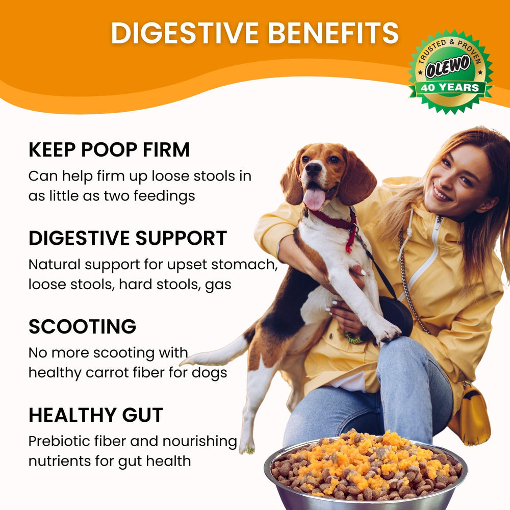Olewo Original Carrots feeding-portion illustrates stool-firmness support through high-fiber nutrition.
