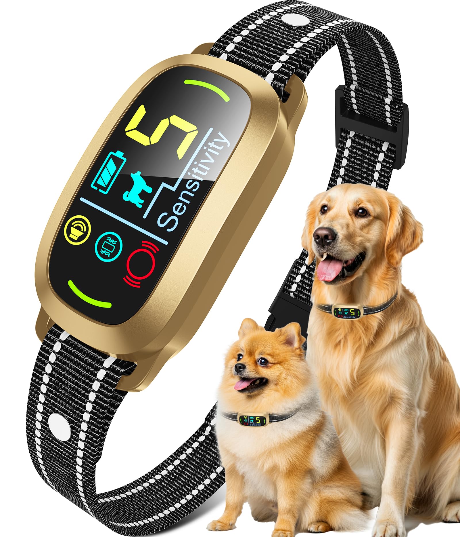Oliry bark collar on dog's neck shows adjustable fit for all sizes