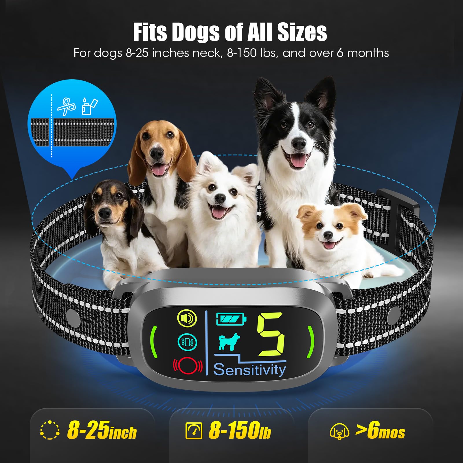 Oliry Smart AI Bark Collar adjustable neck fits 8-25 inches