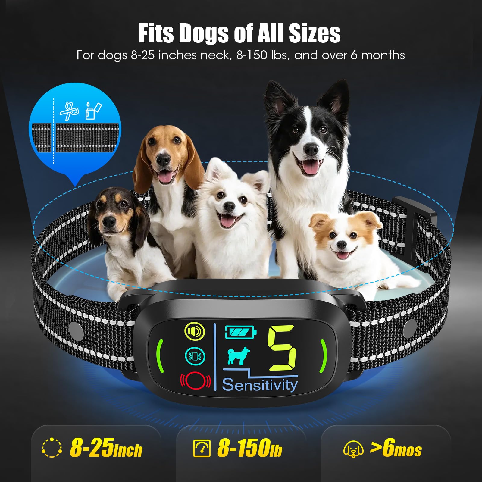 Oliry adjustable neck image demonstrates 8–25 inch fit for all dogs.