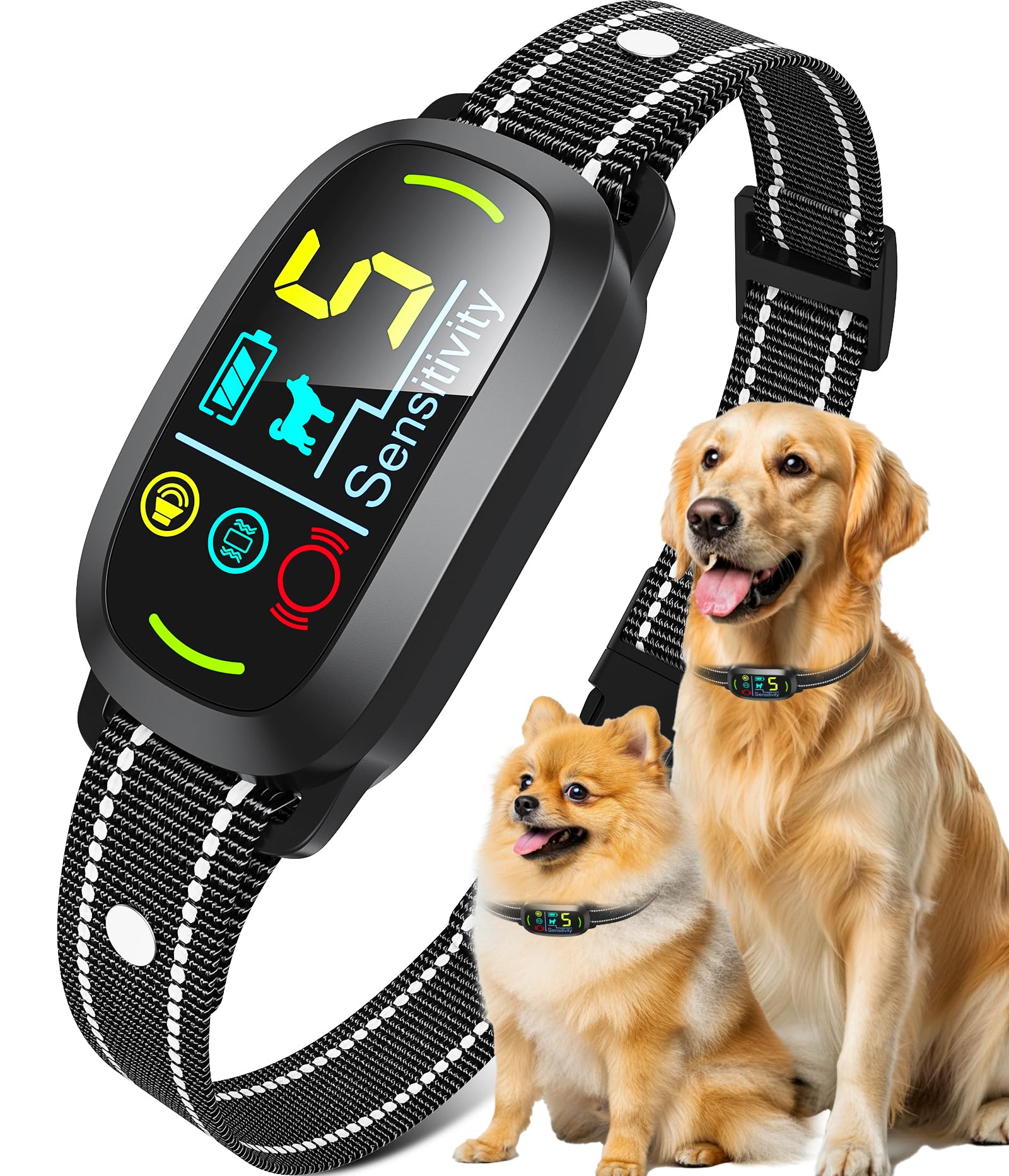 Oliry Smart AI bark collar front view with clear LCD for quick training adjustments.