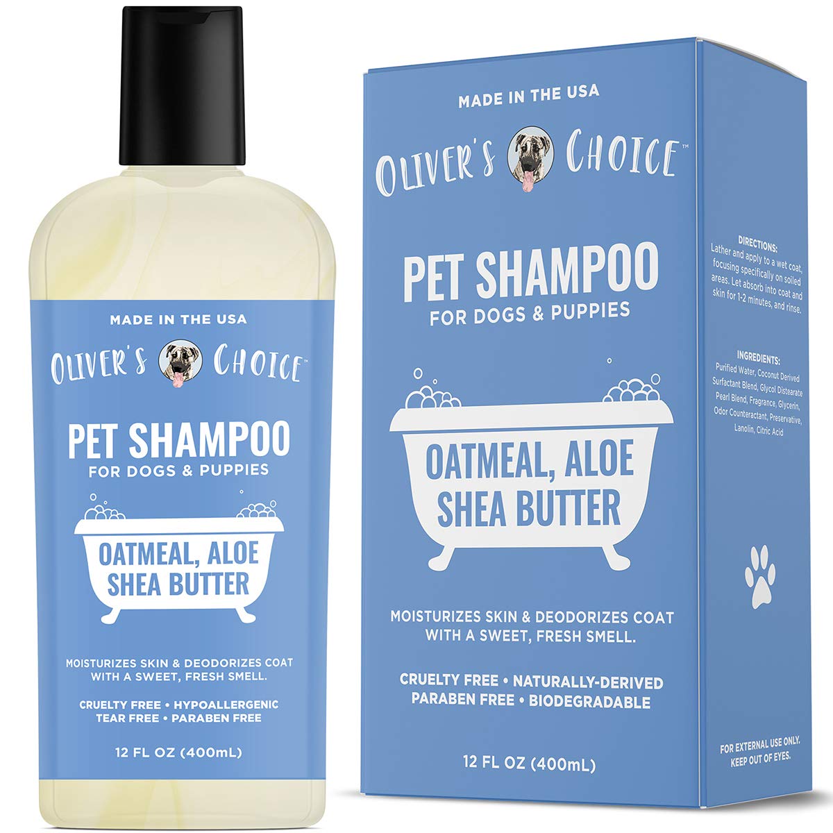 OLIVER'S CHOICE champú para perros: botella con etiqueta de avena y aloe, aroma suave.