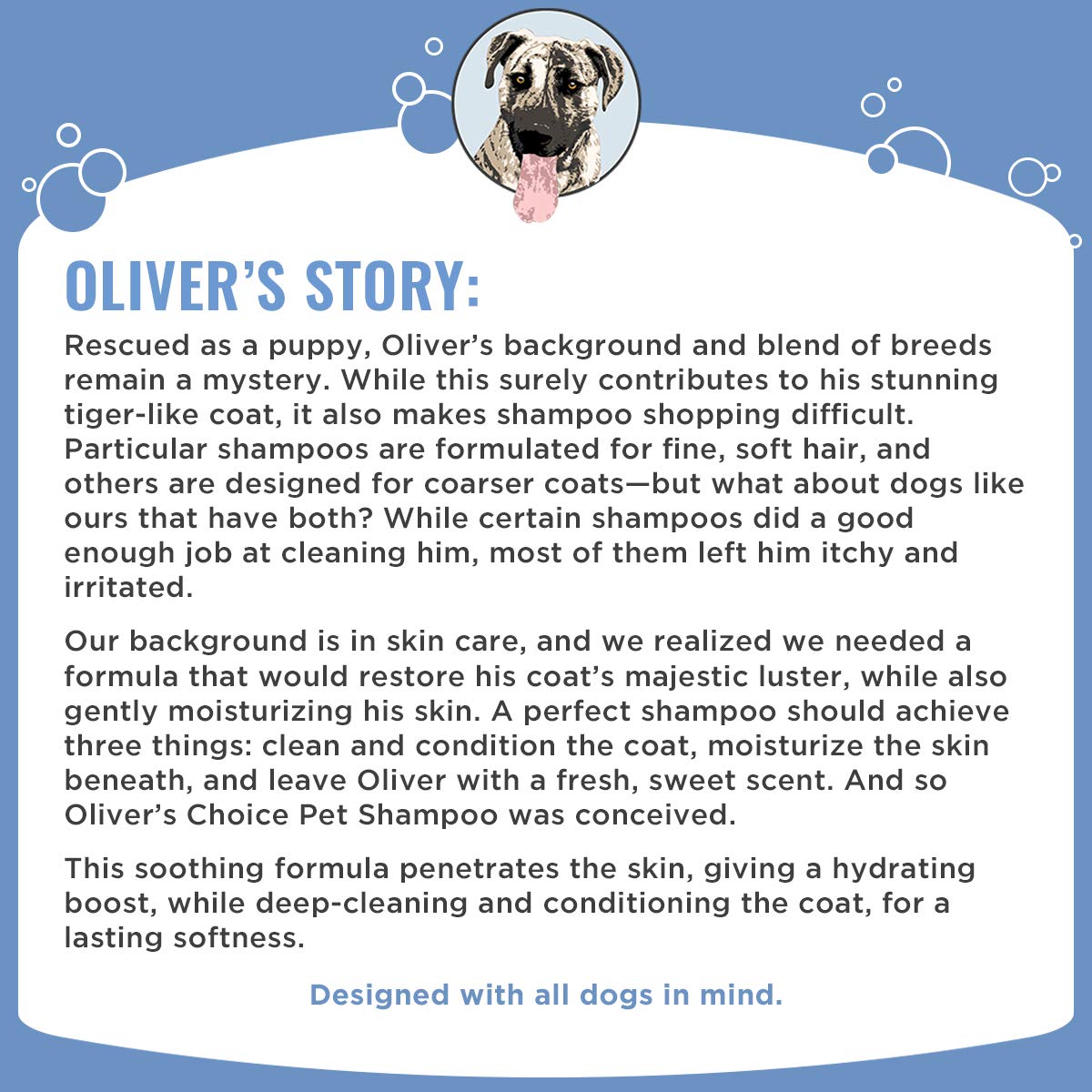 OLIVER'S CHOICE champú para perros: sello libre de crueldad visible en la etiqueta.