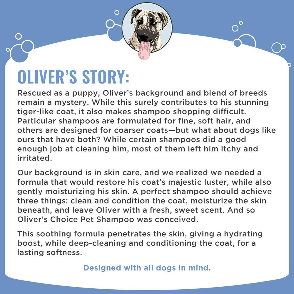 OLIVER'S CHOICE champú para perros: sello libre de crueldad visible en la etiqueta.