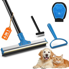 Ollapet 4-in-1 carpet rake cleans under furniture and lifts hair.