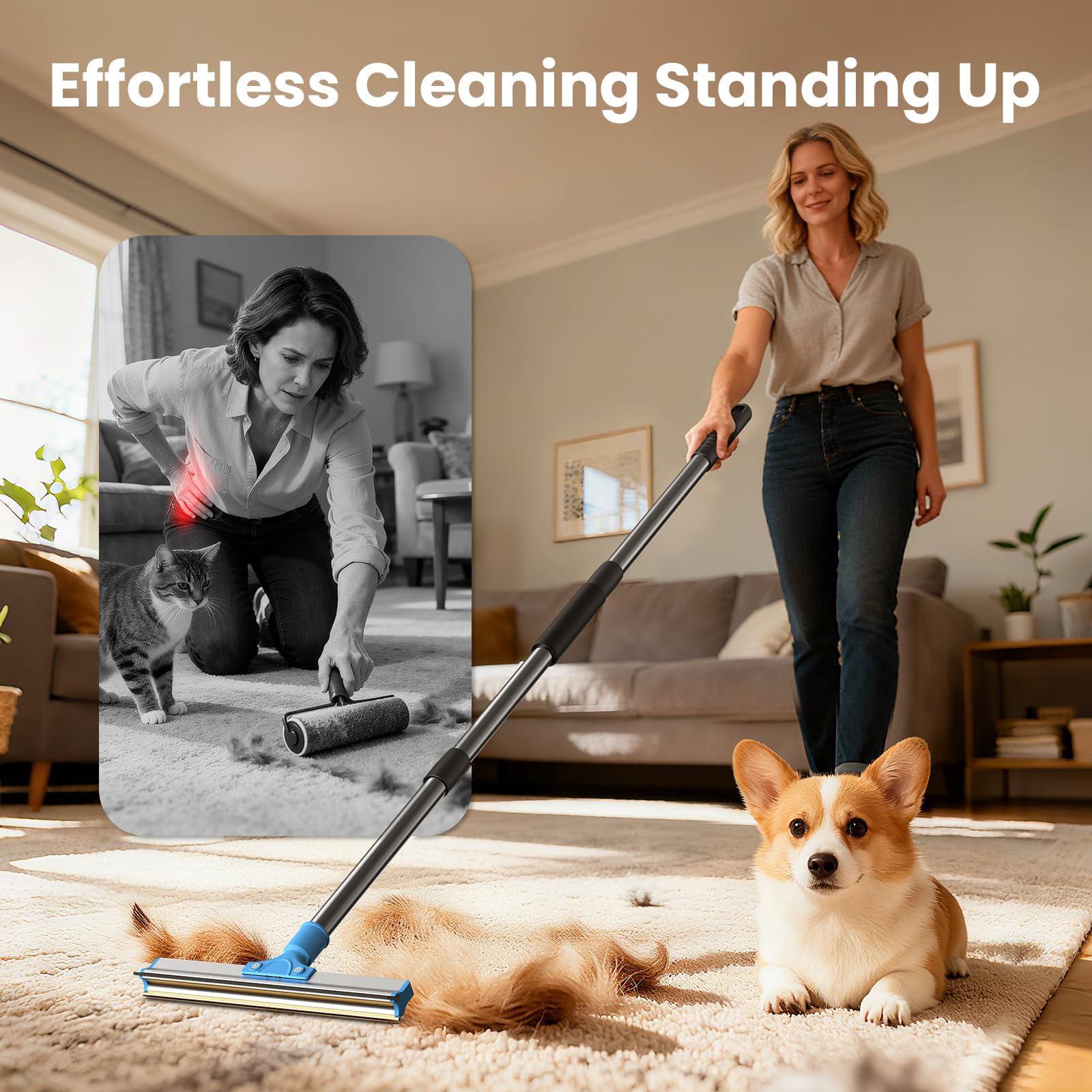 Ollapet handheld brush on a sofa demonstrates surface cleaning.