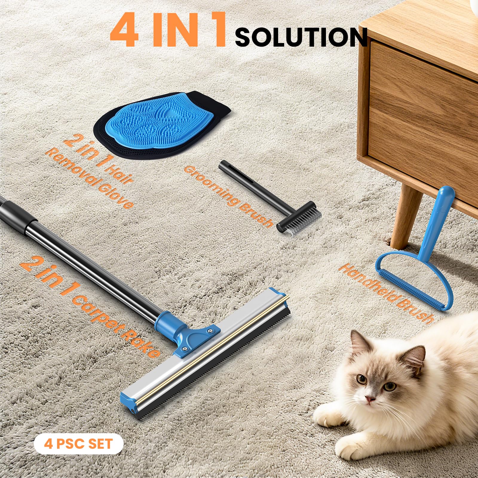 Ollapet pet hair removal kit in use on rugs and beds.