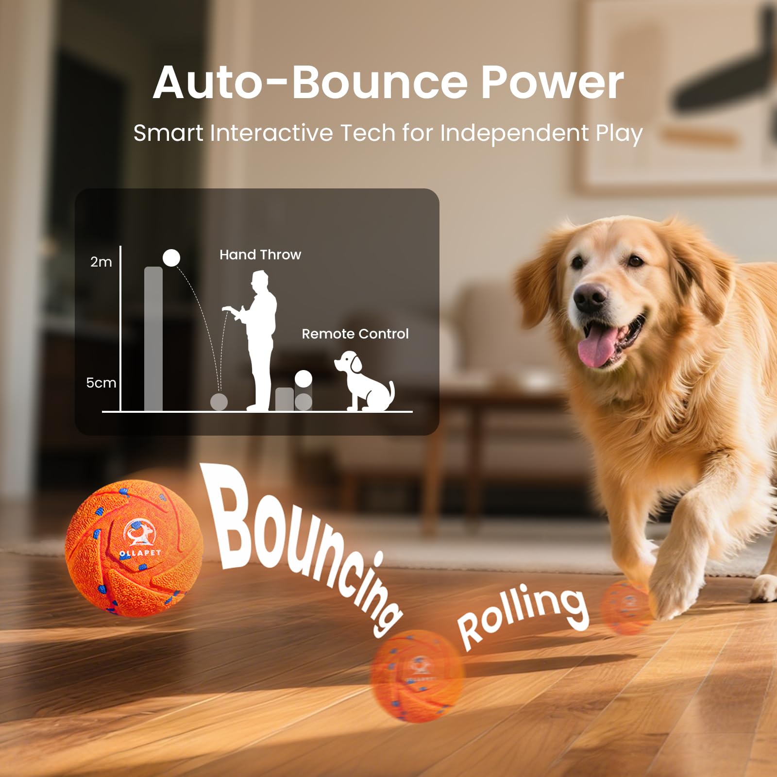 Ollapet Smart Ball remote control in hand enabling easy mode switching.