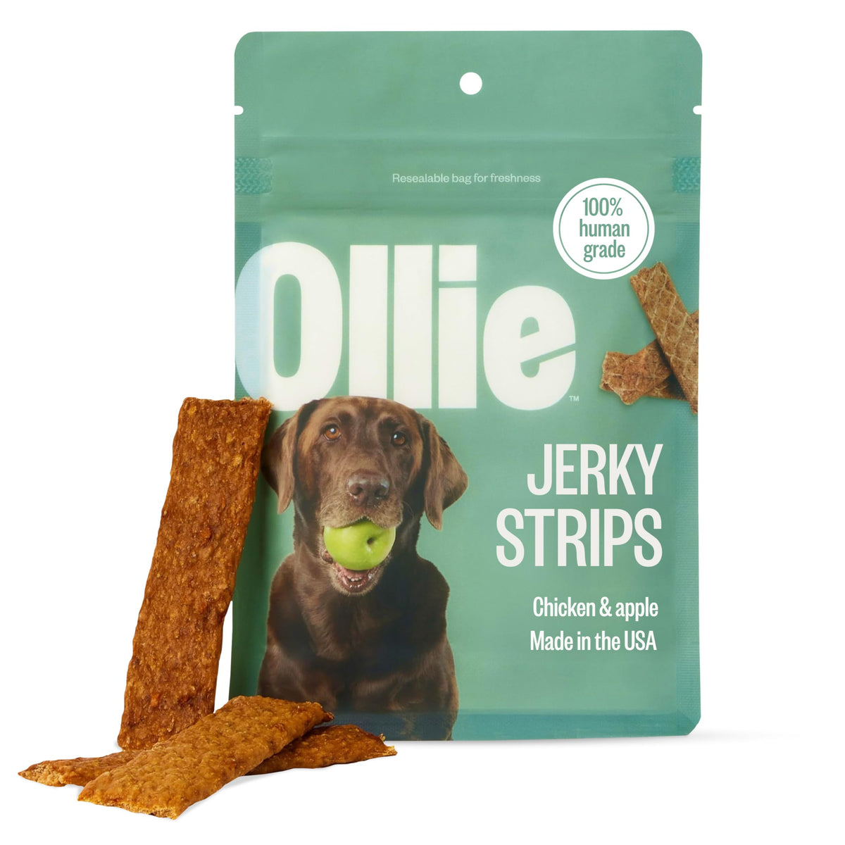 Ollie chicken-apple jerky pack 5oz front view highlighting healthy dog treats