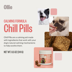 Ollie Chill Pills close-up highlighting peanut butter banana flavor for dogs.