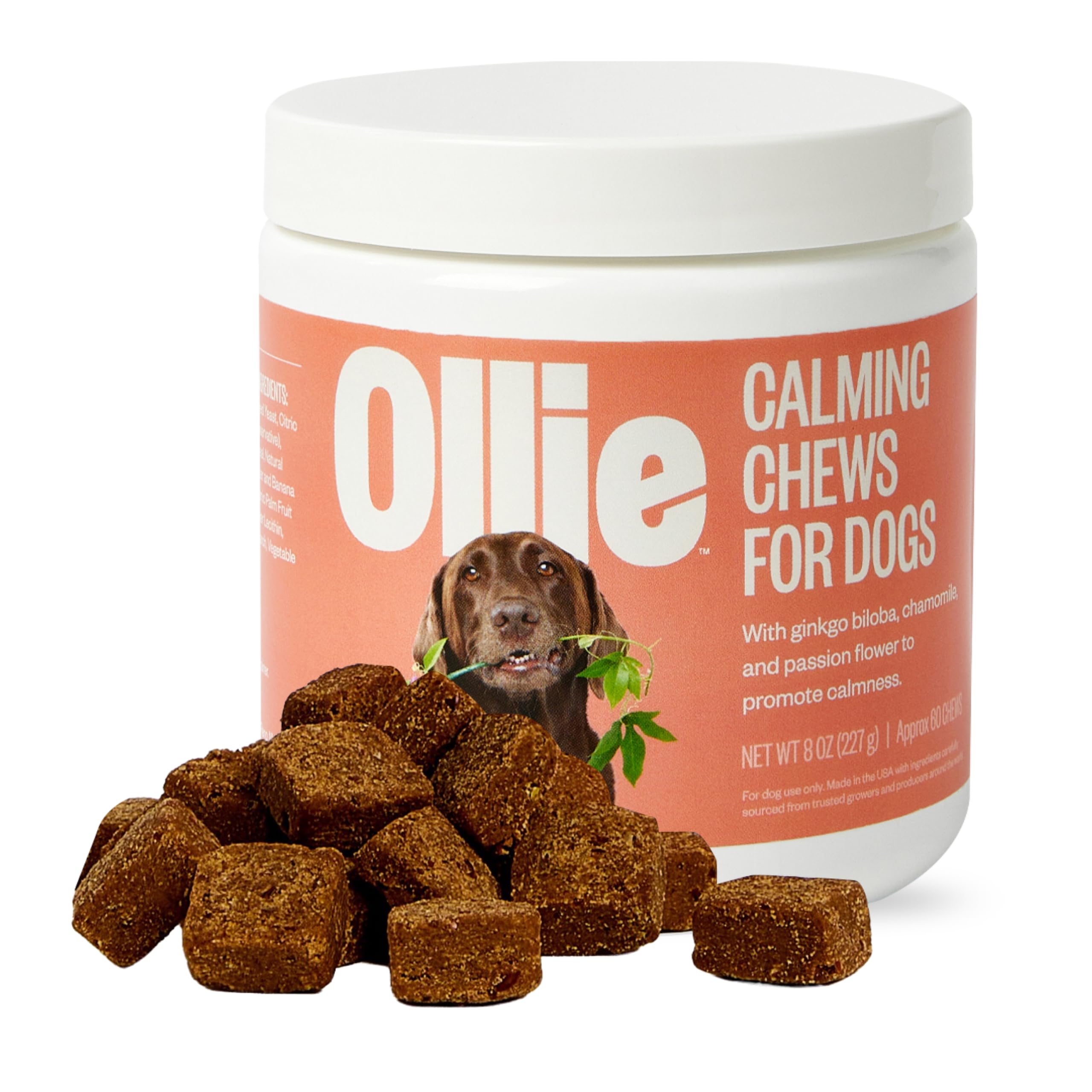 Ollie Chill Pills packaging showing calming chews for anxious dogs.