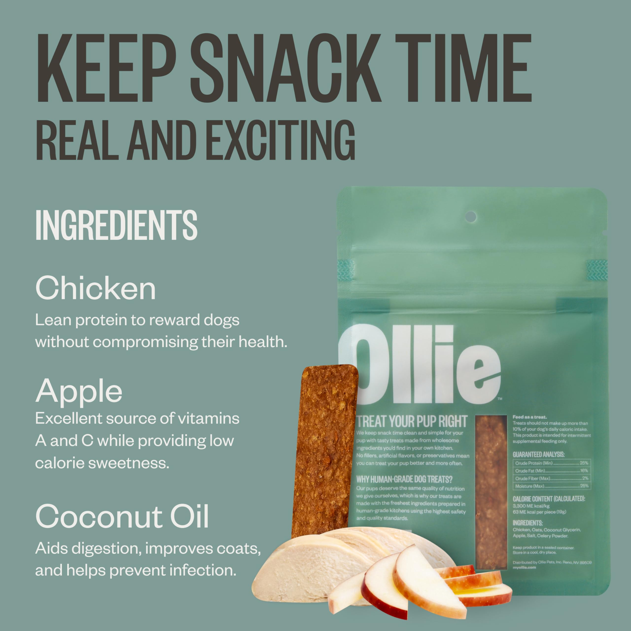 Ollie meat-first recipe visual shows chicken-led jerky with no fillers