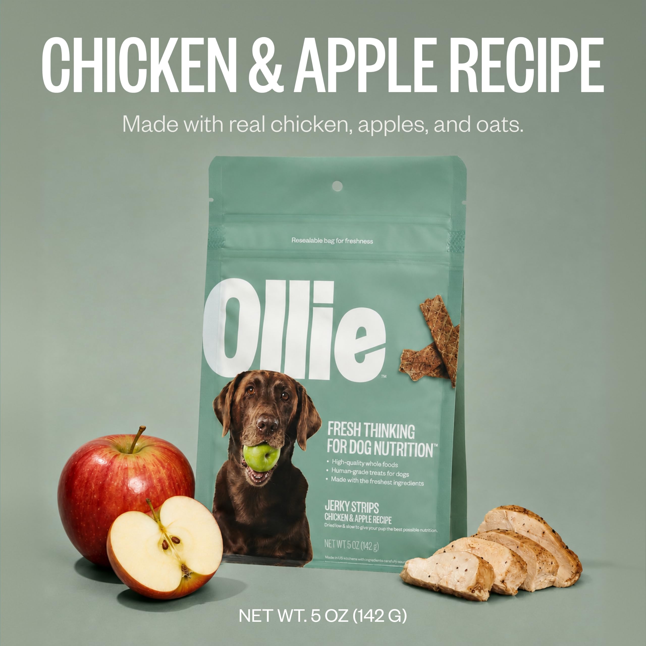 Gros plan Ollie jerky poulet-pomme, ingrédients simples et prononçables.
