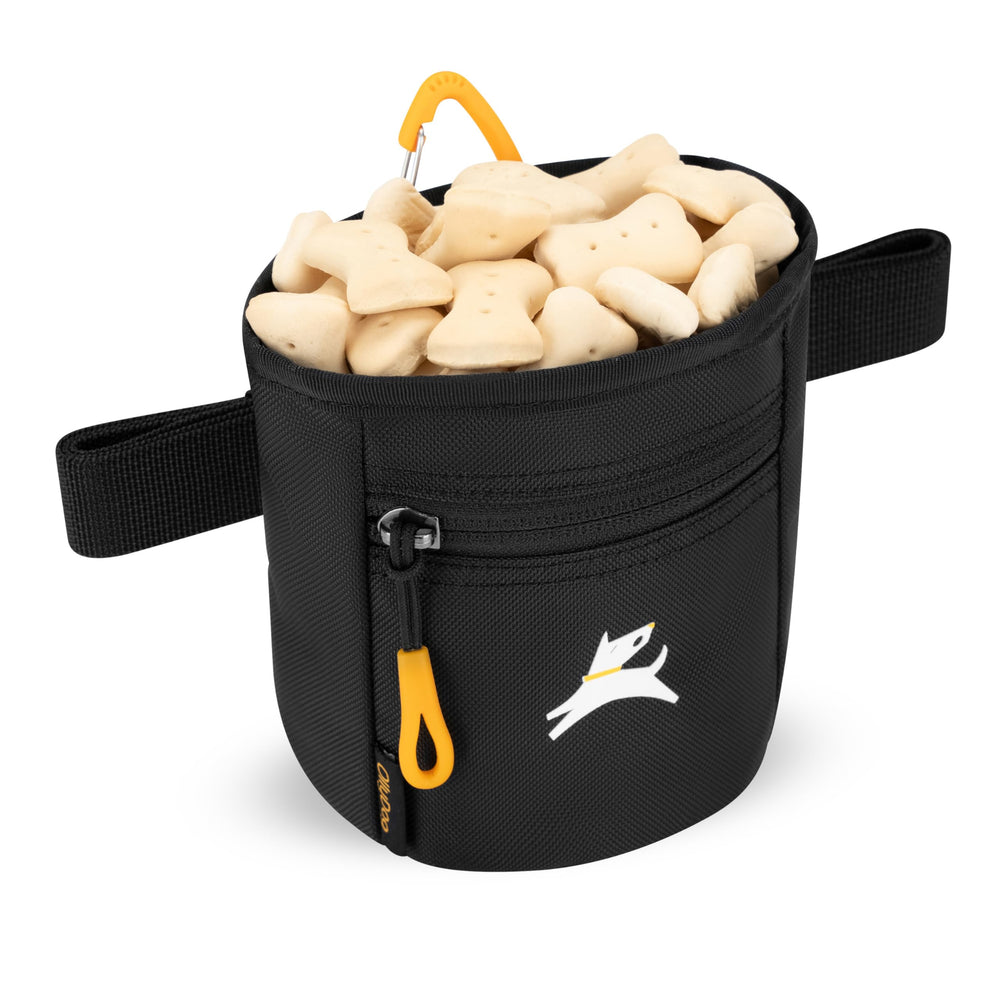 OllyDog Goodie Treat Bag clipped to belt loop for easy reach during training.