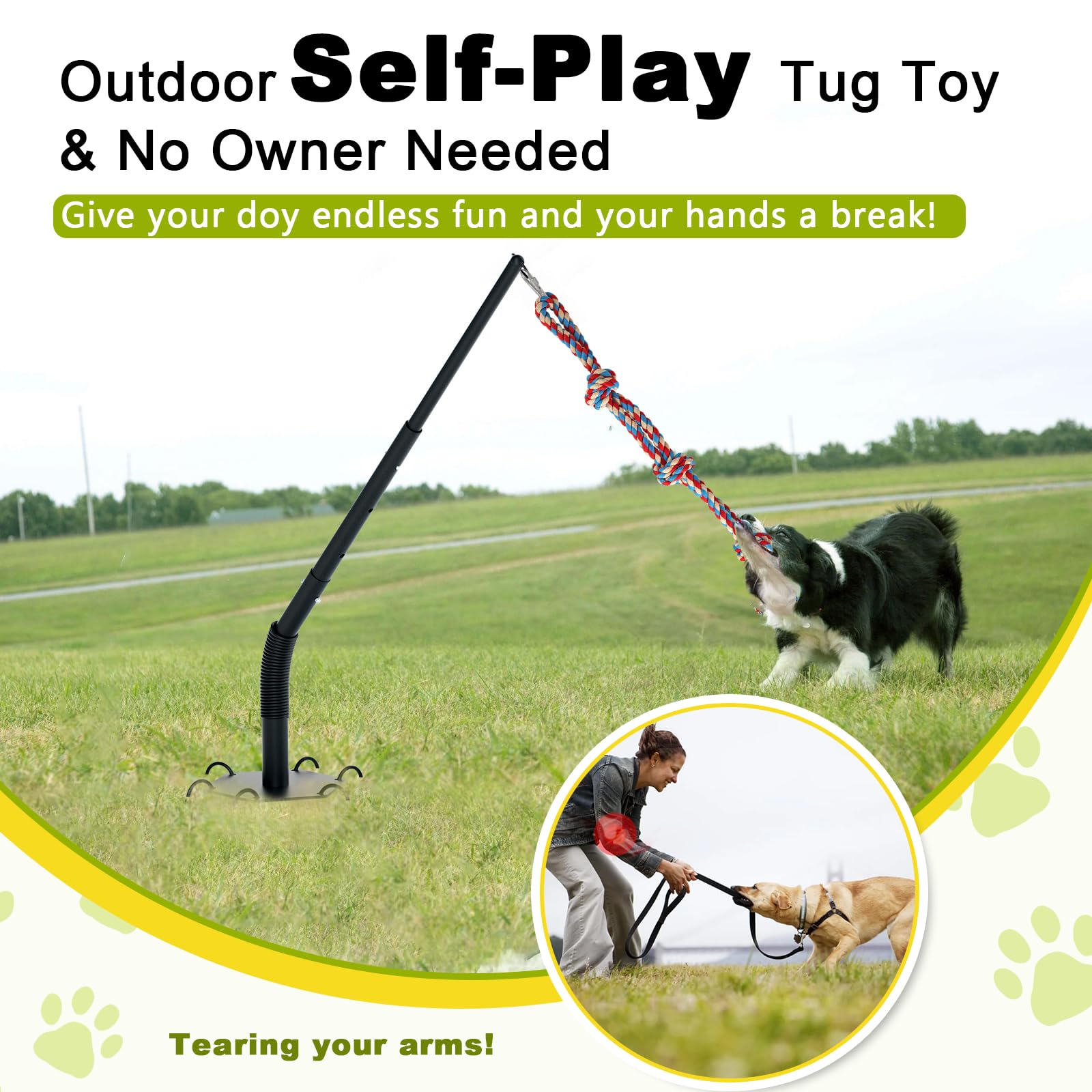 Olpchee ground stakes keep the toy stable for energetic tug sessions