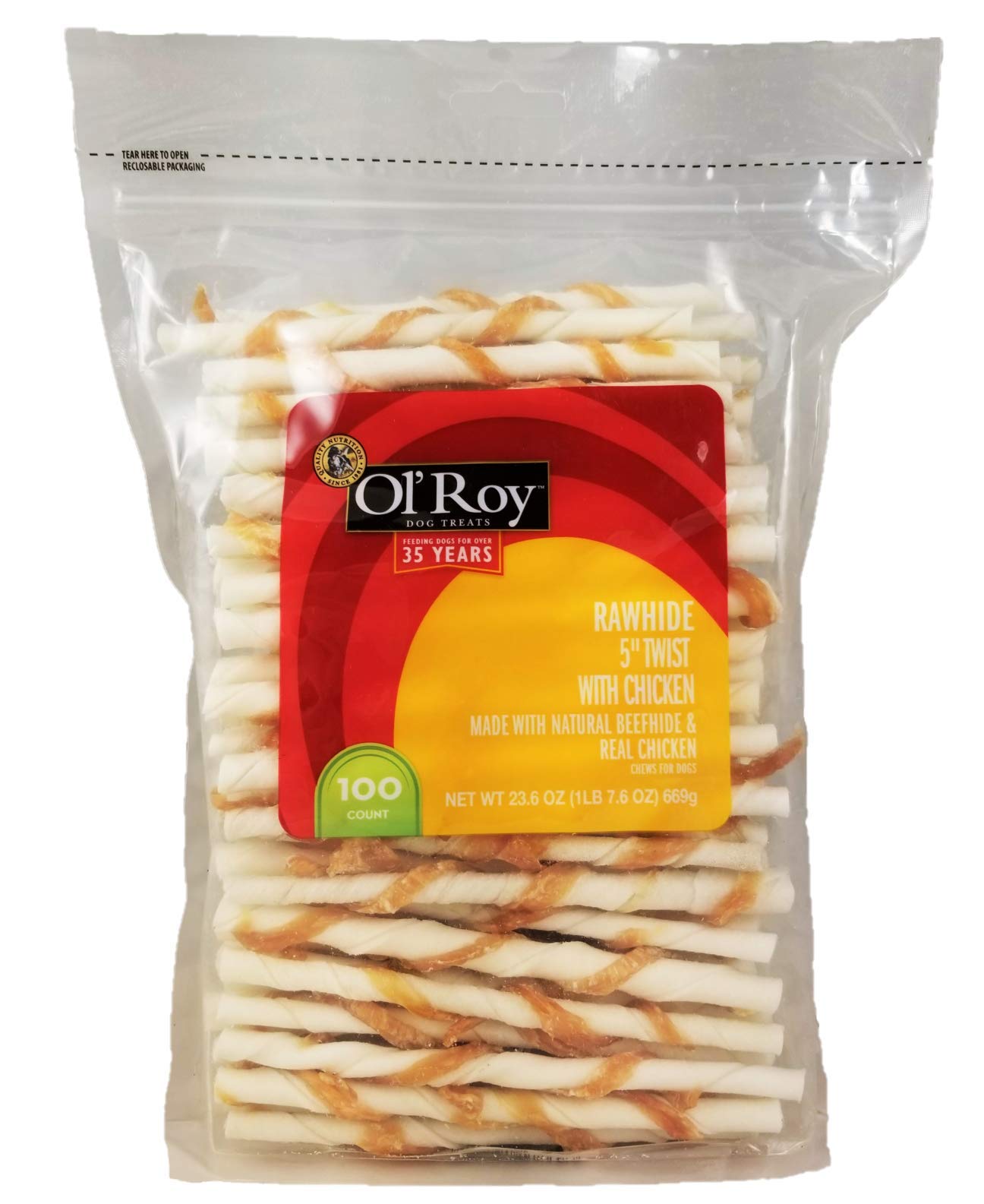 Ol' Roy Rawhide-Chicken Twists bag front offers a durable chew for dogs.