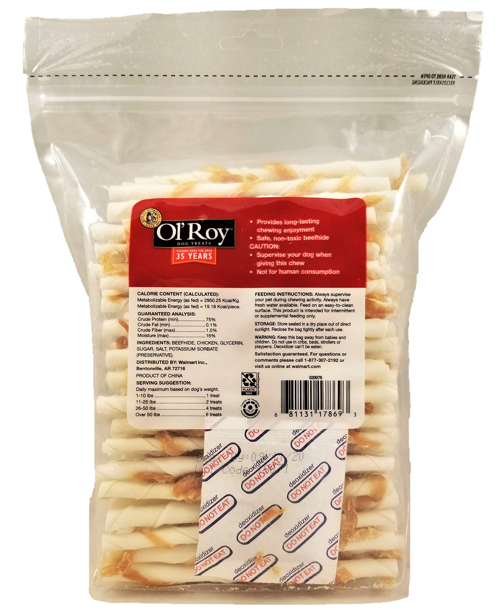 Ol' Roy Rawhide-Chicken Twists close-up shows real chicken pieces in a tasty chew.