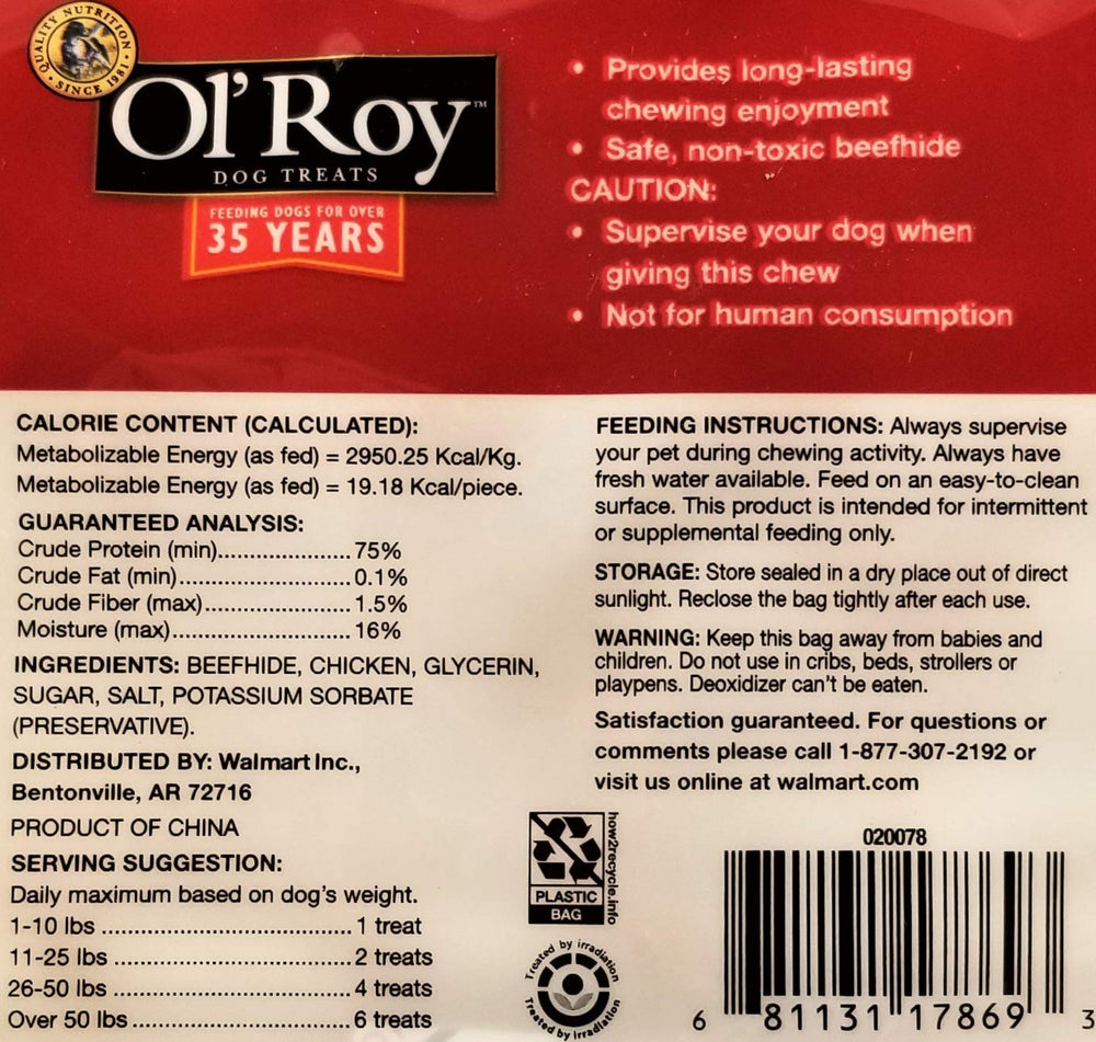 Ol' Roy Rawhide-Chicken Twists being chewed by a dog demonstrates long-lasting interest.