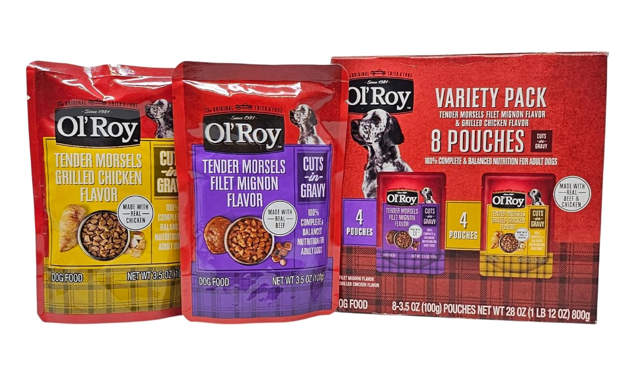 Ol' Roy wet dog food variety-pack 8 pouches provides convenient flavor variety.
