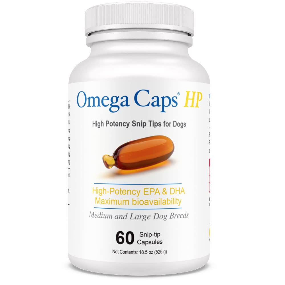 OMEGA-CAPS ES bottle label highlights high-potency omega-3 for dogs' skin and coat support.