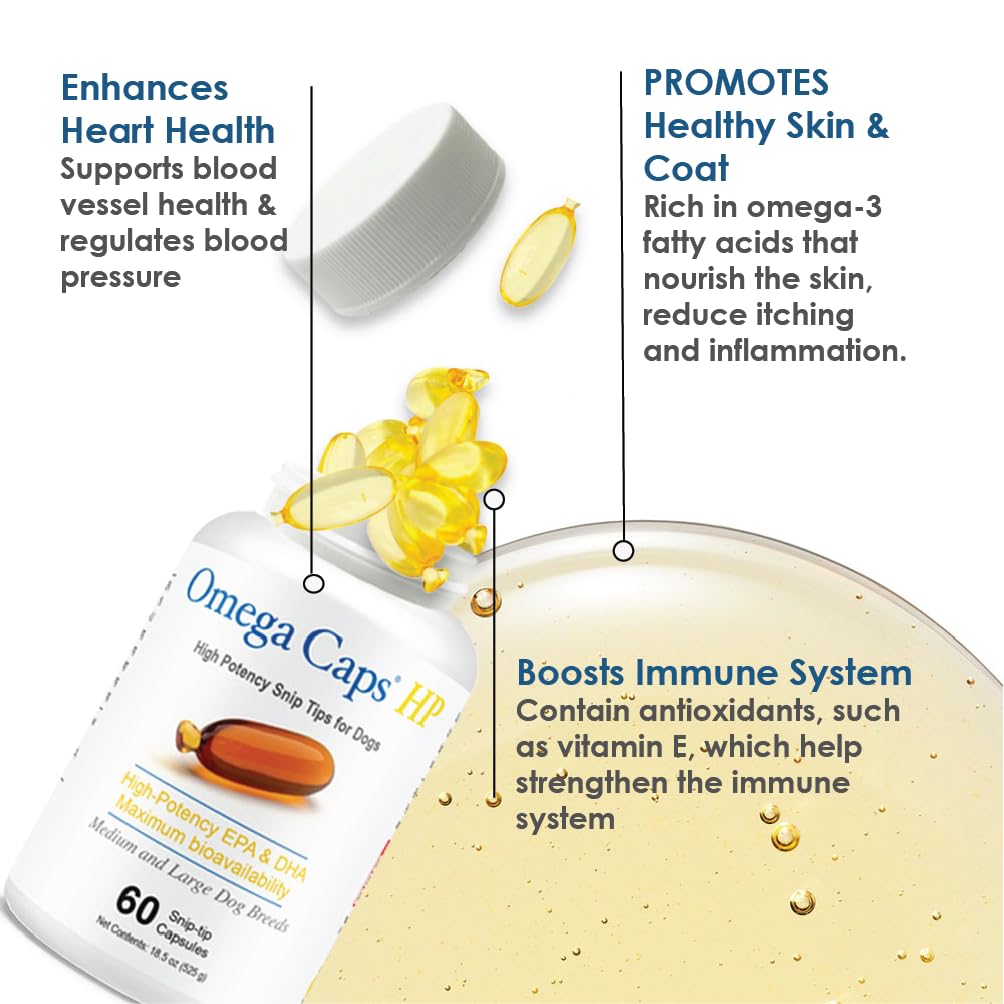 OMEGA-CAPS ES snip-tip capsule being dispensed onto dog food for easy dosing.