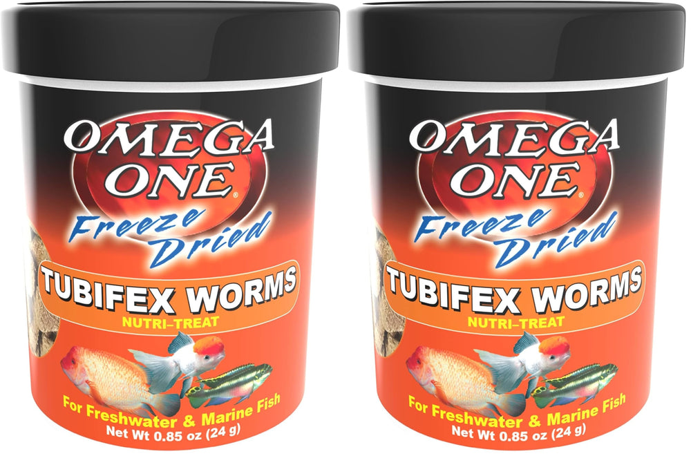 Omega One Freeze-Dried Tubifex Worms pack-2 image, high-protein fish treat for varied diets.