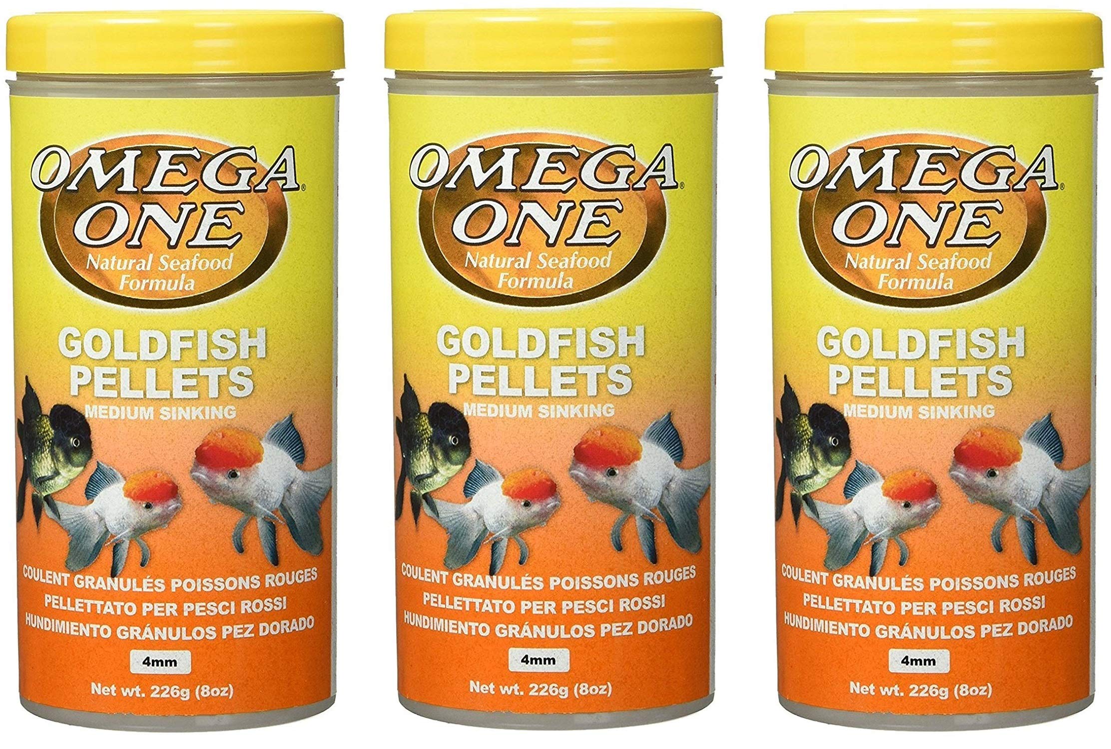 Omega One goldfish pellets 3-pack jars front view for vivid color support