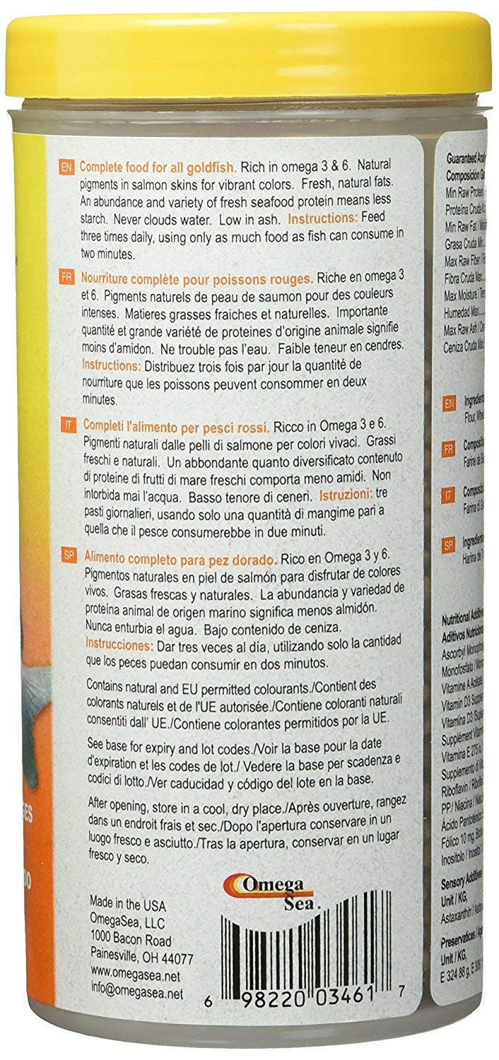 Omega One goldfish pellets package label close-up highlights omega-3 and omega-6 benefits