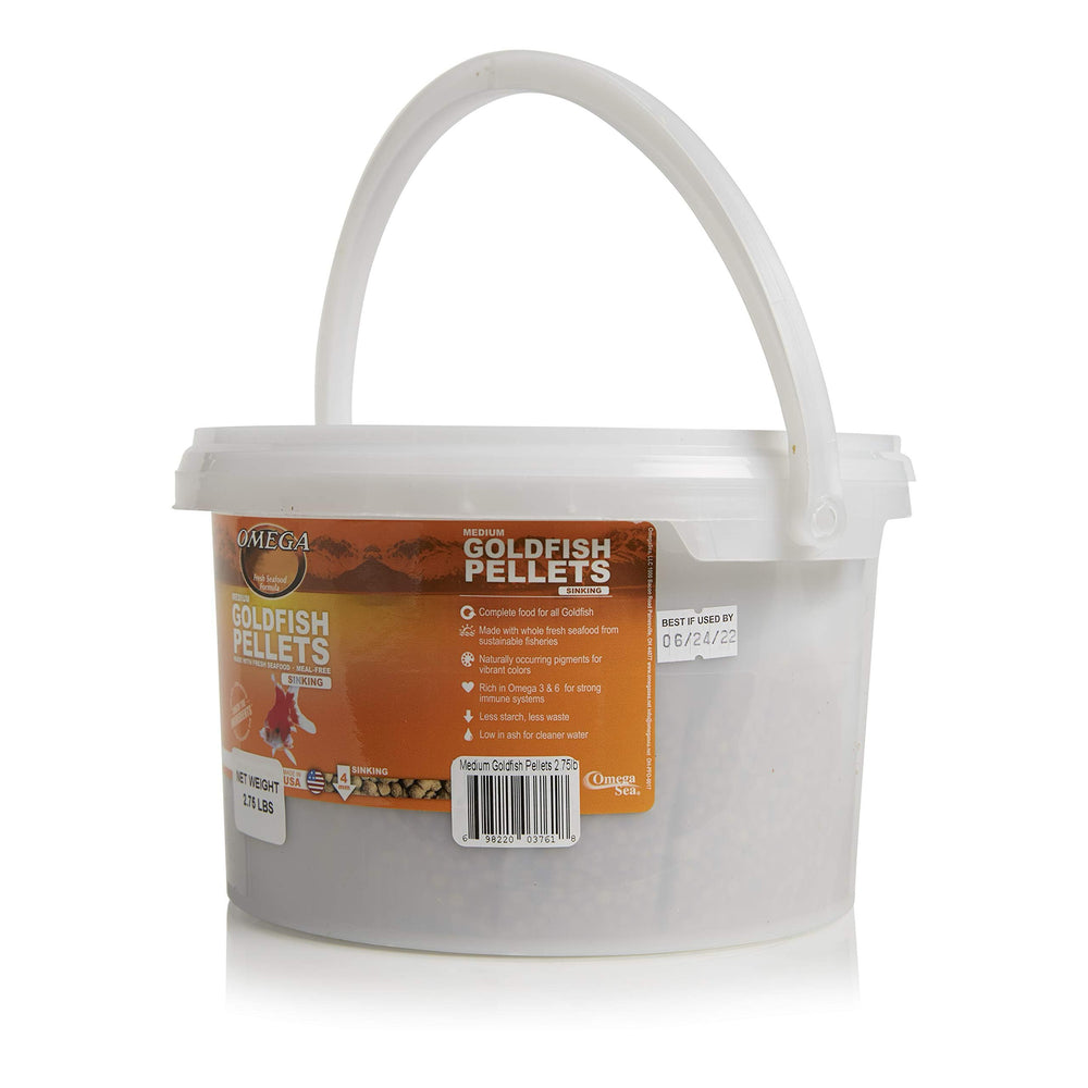 Omega One goldfish pellets bucket showing convenient storage and portioning.