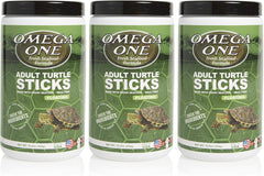 Omega One turtle sticks jar closeup in a 3-pack showing whole seafood ingredients for turtles