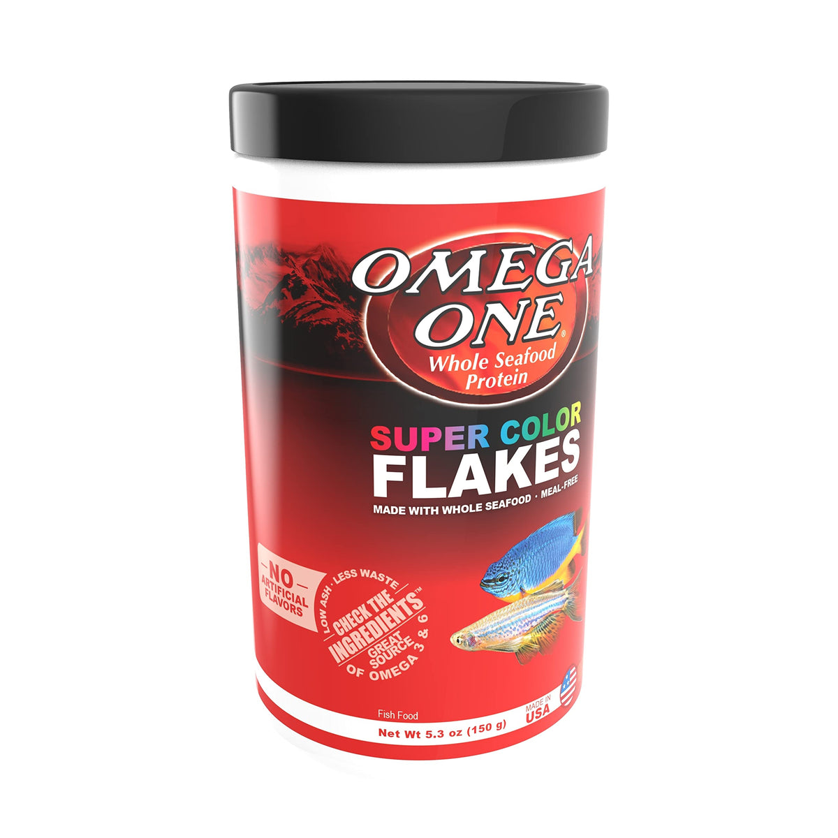 Omega One Super Color Flakes bottle highlighting color-boost nutrition.
