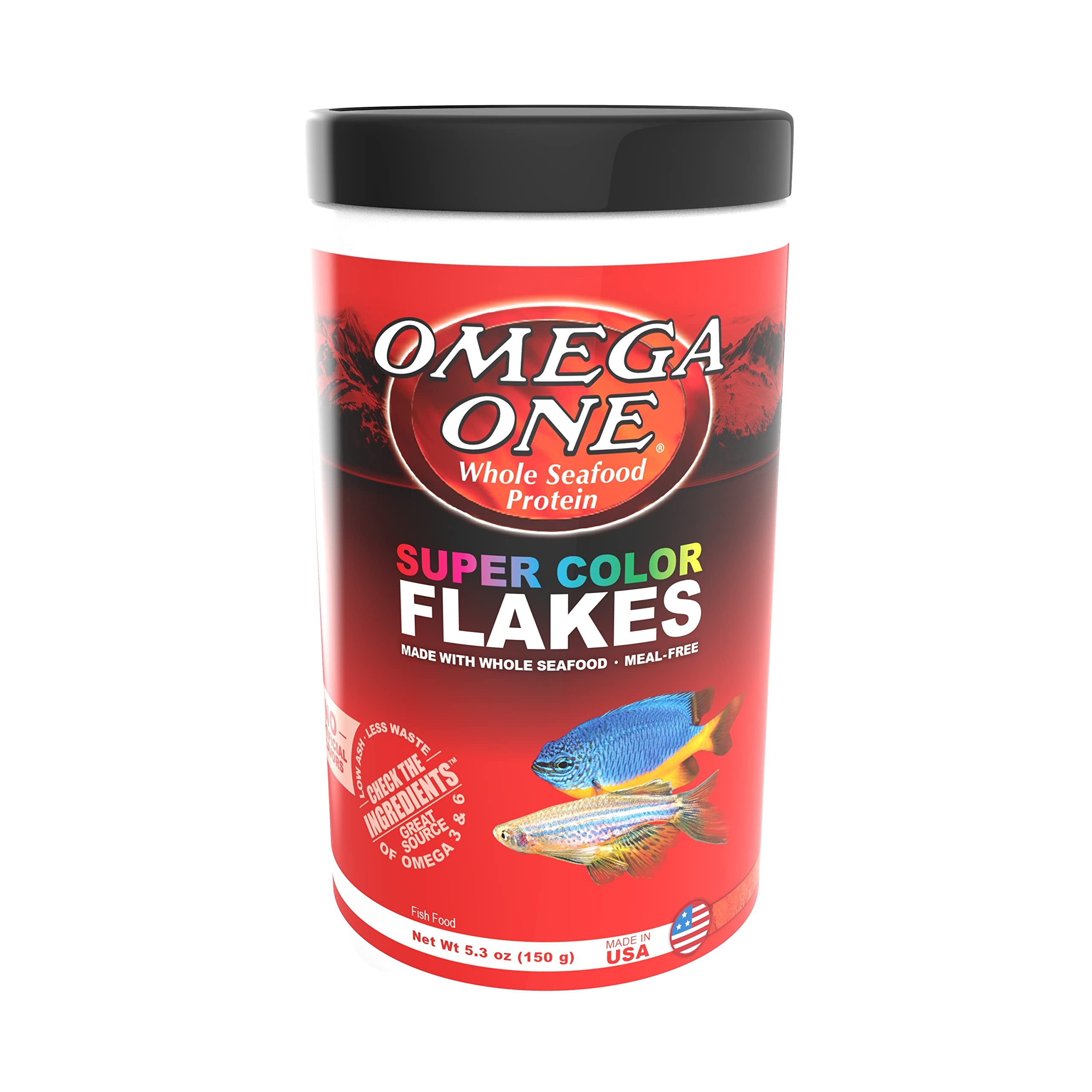 Pouring Omega One Super Color Flakes into an aquarium.