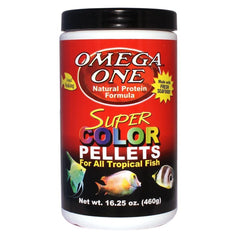 Omega One Super Color Pellets sinking 16.25oz bottle promotes vibrant color and energy for aquarium fish.
