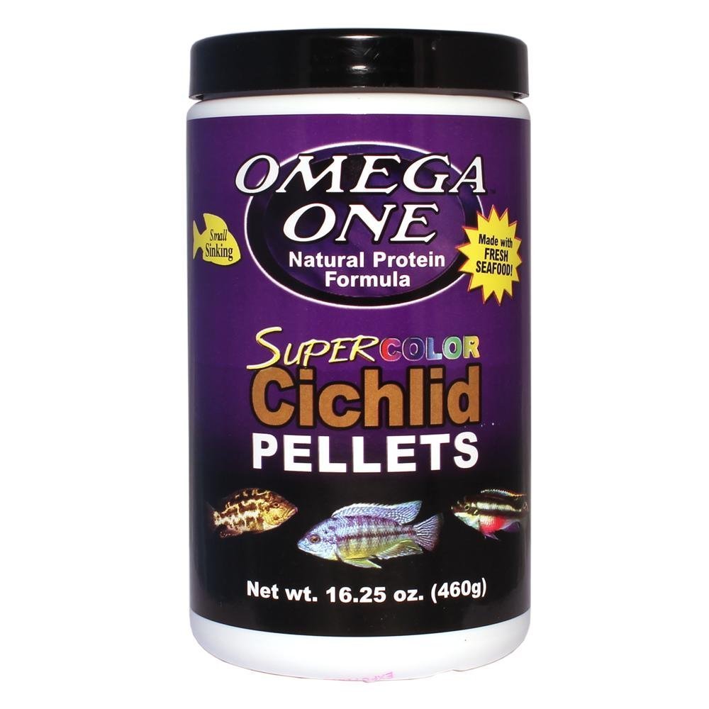 Omega One Super Color sinking cichlid pellets 2mm close-up for balanced nutrition and vibrant coloration.
