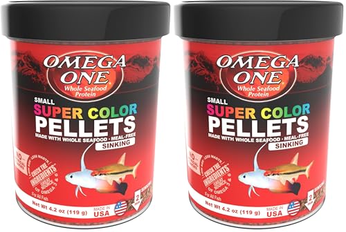 Omega One Super Color Sinking Pellets 2mm pack image shows vibrant color-boosting nutrition for fish.