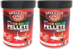 Omega One Super Color Sinking Pellets 2mm pack image shows vibrant color-boosting nutrition for fish.