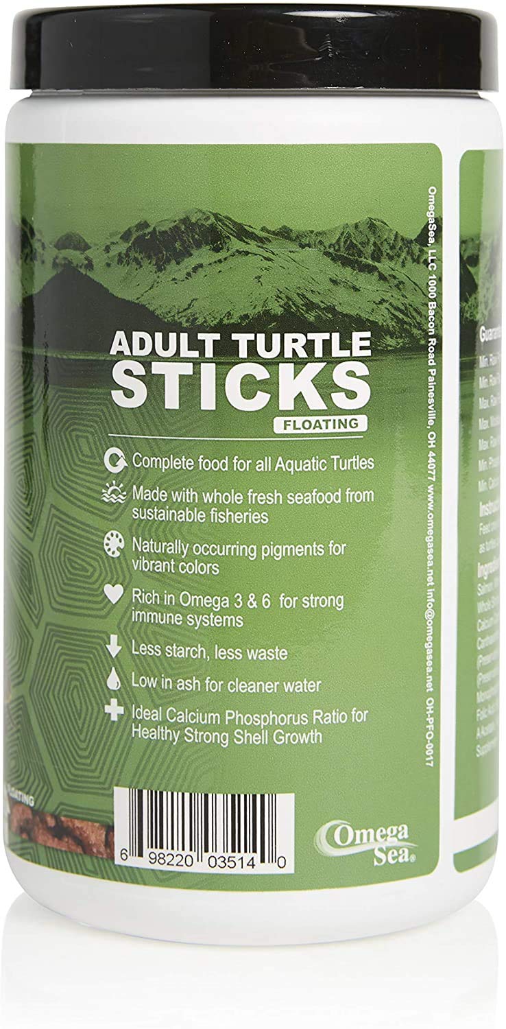 Omega One turtle sticks closeup with fresh seafood ingredients supporting color development
