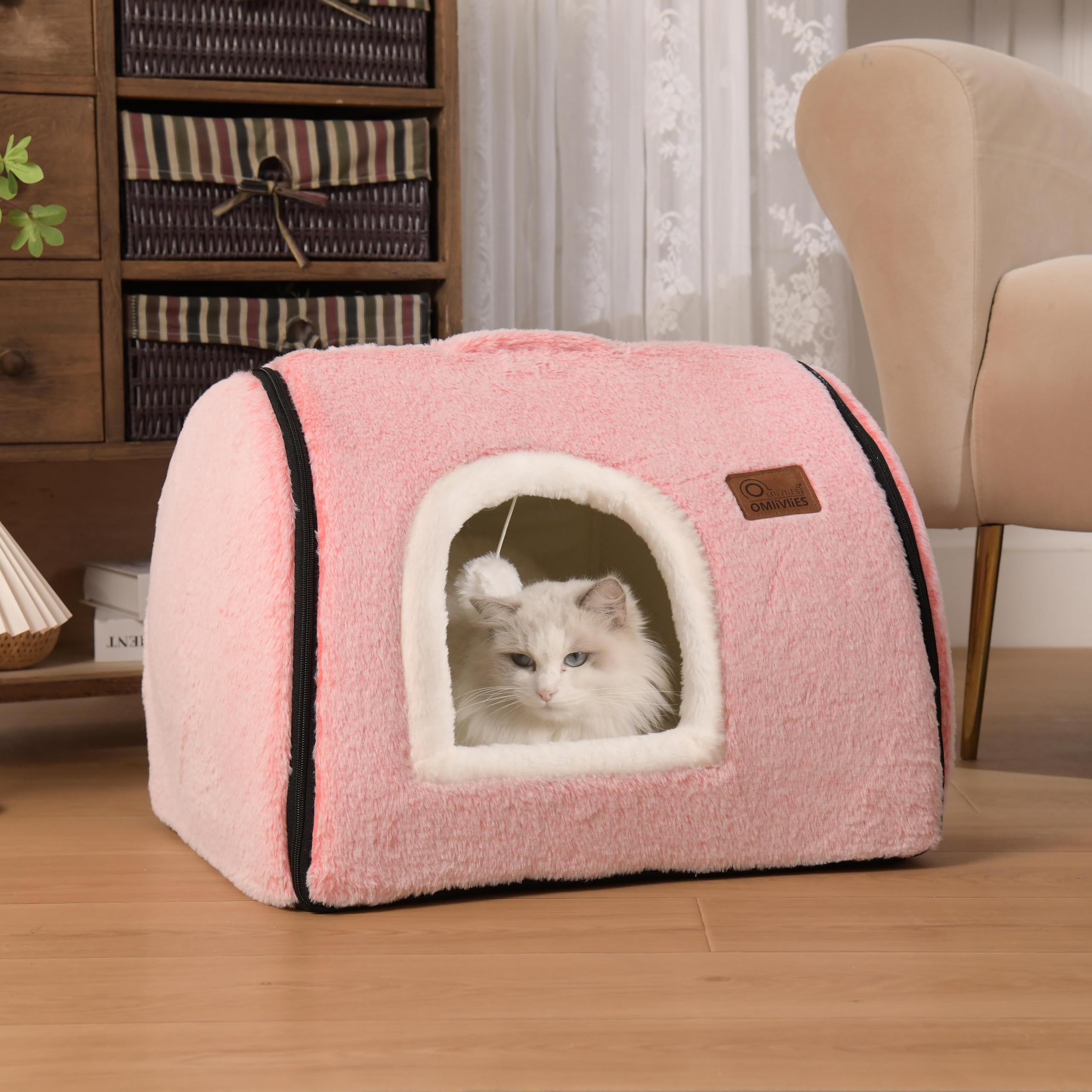 OMLIVLIES cat bed cave plush ball—interactive toy boosts play inside.