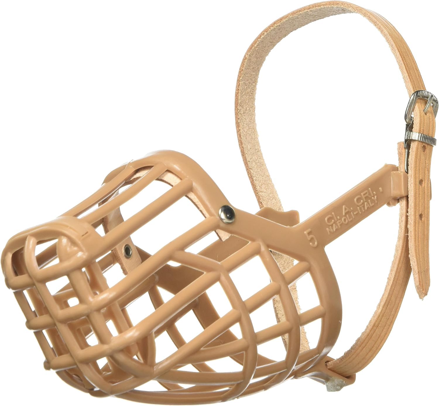 OmniPet muzzle front view with tan basket for breathable, safe training.