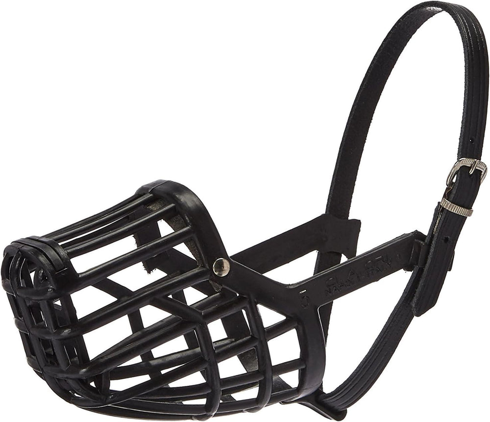 OmniPet Leather Brothers muzzle front view shows adjustable secure fit for training and safety.
