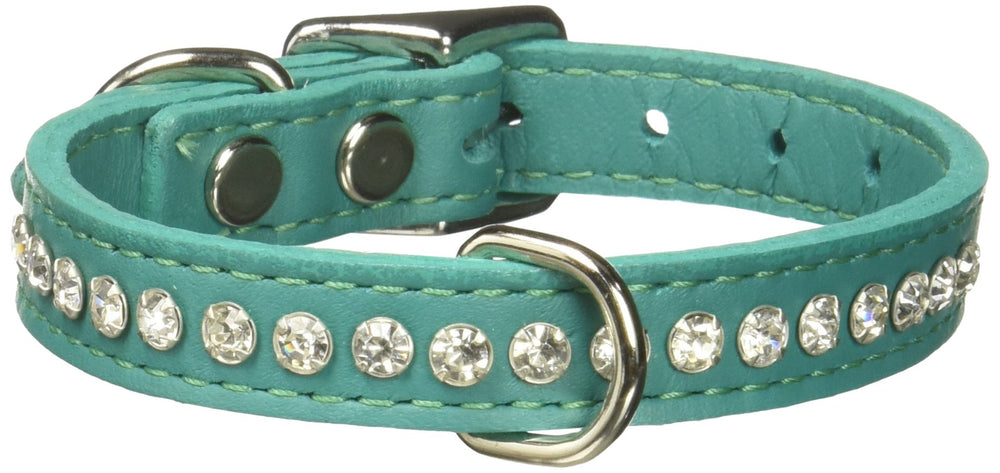 OmniPet Signature Leather Crystal Dog Collar shows chrome buckle and rhinestones for secure leash use and style.