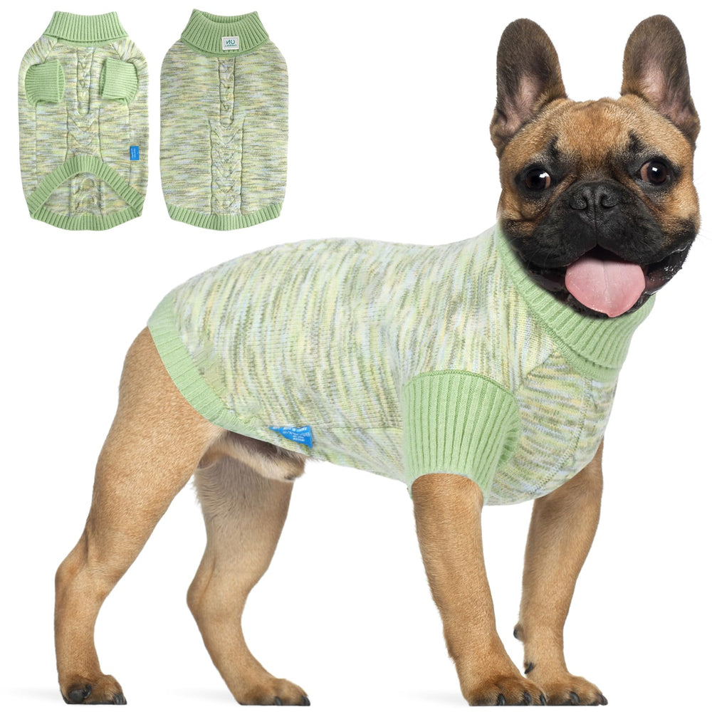 On The Roll green turtleneck dog sweater front view for warm daily wear
