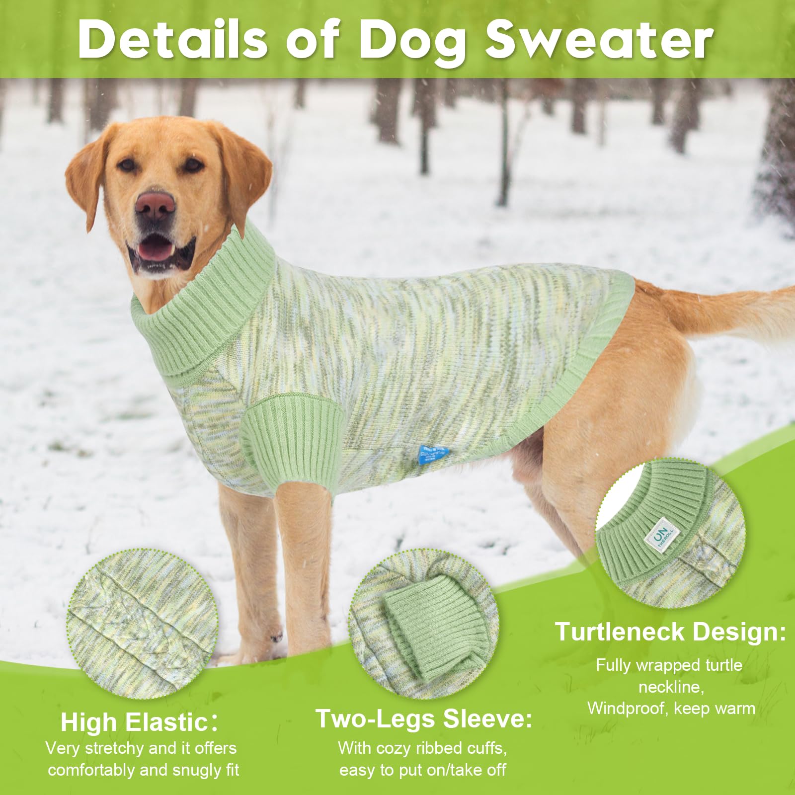 On The Roll green turtleneck dog sweater knit closeup shows soft blended yarn